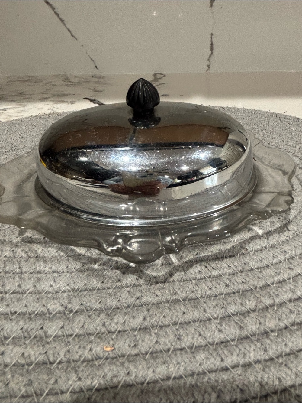 Vintage Glass Butter Dish with Silver-Tone Lid